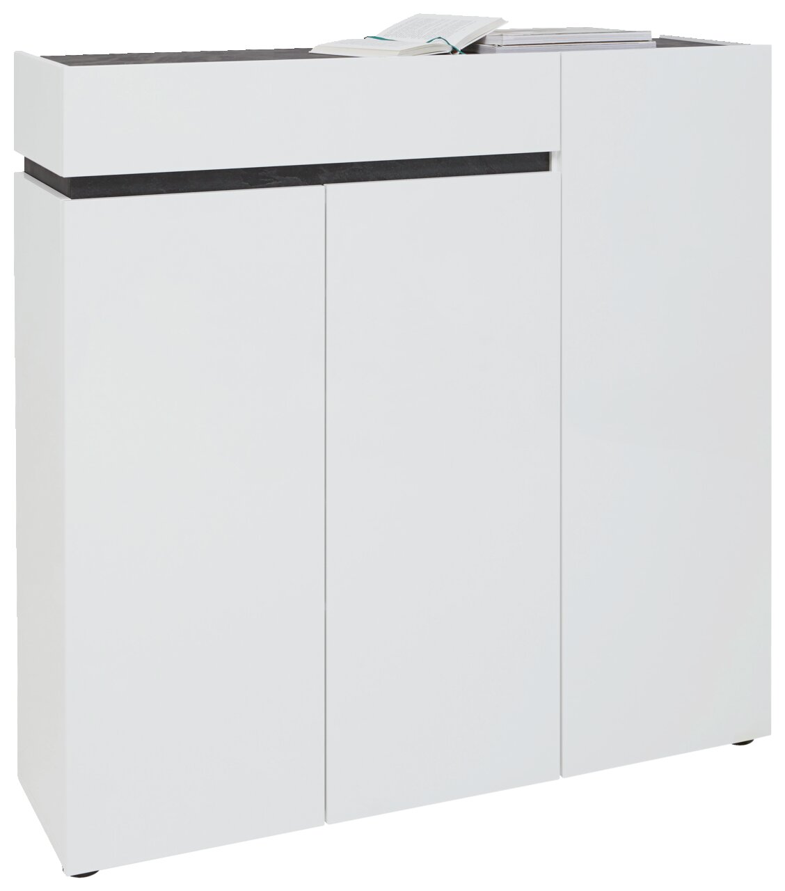 Moderner XL-Schuhschrank mit drei Türen und einer Schublade in Weiß, seitliche Perspektive