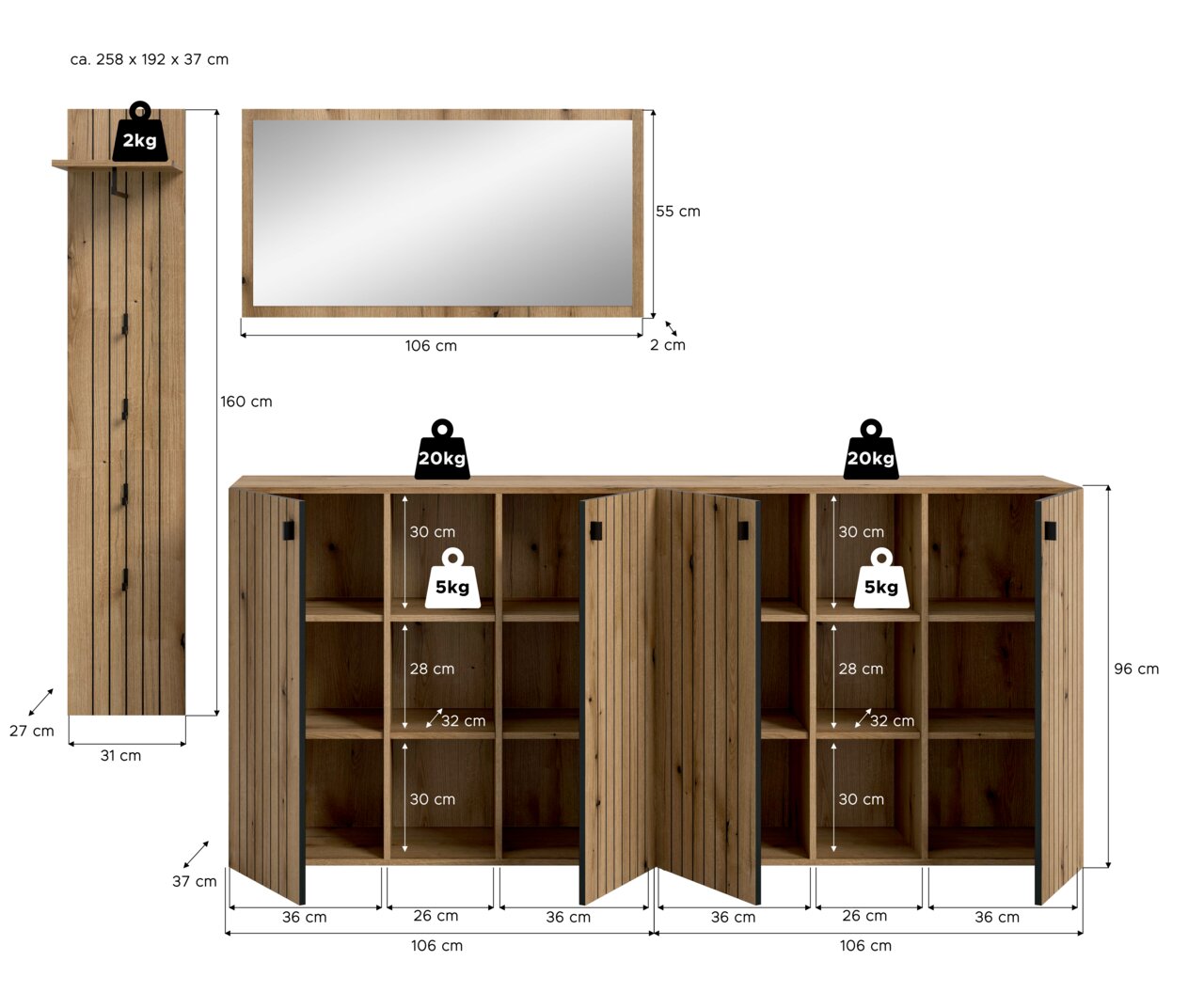 Holz-Sideboard mit zwei Lamellentüren und offenen Regalfächern, Maße ca. 258 x 192 x 37 cm; Detailansichten von Front mit geöffneten Türen, Seitenansicht und passendem Wandspiegel (106 x 55 cm), perspektivisch in Frontalansicht dargestellt.