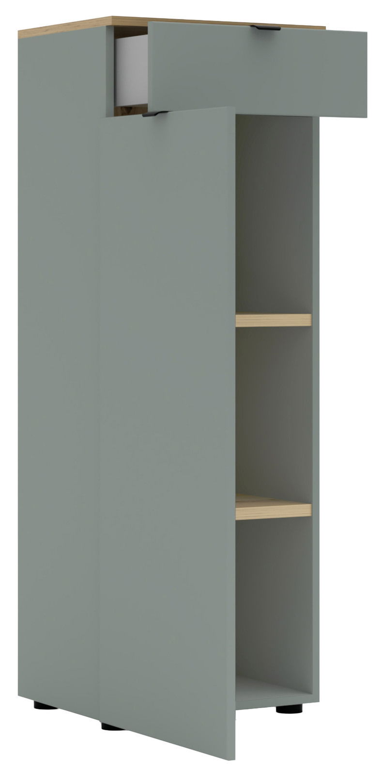 Moderner Büroschrank in grauer Farbe mit offener Tür und Schublade, seitliche Perspektive