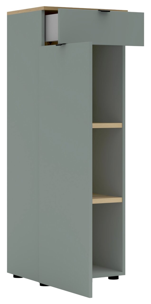 Moderner Büroschrank in grauer Farbe mit offener Tür und Schublade, seitliche Perspektive