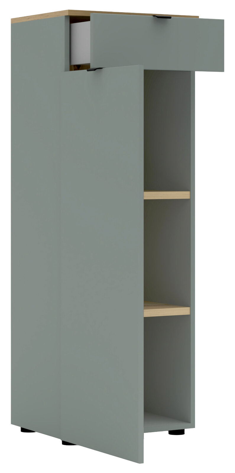 Moderner Büroschrank in grauer Farbe mit offener Tür und Schublade, seitliche Perspektive