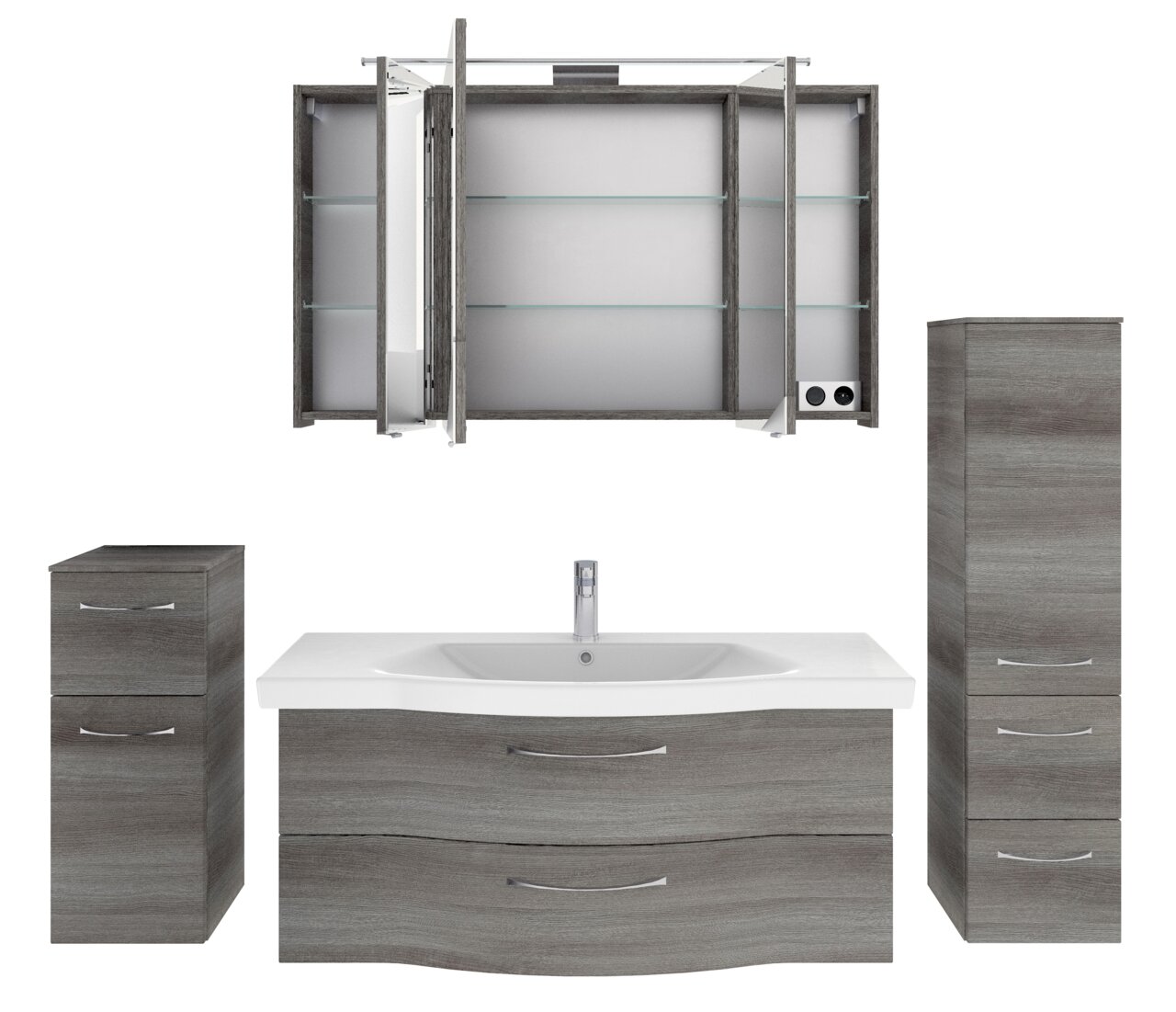 Badezimmermöbel-Set in grauer Holzoptik, bestehend aus einem Waschtisch mit Waschbecken, einem hohen Schrank, einem kleinen Schrank und einem Spiegelschrank mit geöffneter Tür, Frontalansicht.