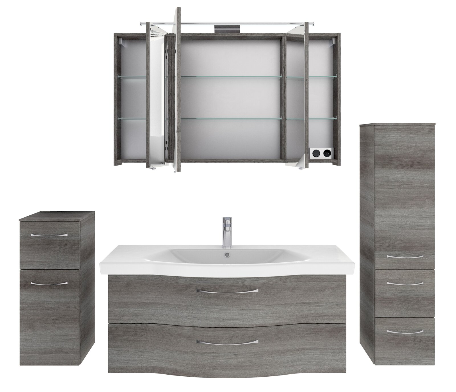 Badezimmermöbel-Set in grauer Holzoptik, bestehend aus einem Waschtisch mit Waschbecken, einem hohen Schrank, einem kleinen Schrank und einem Spiegelschrank mit geöffneter Tür, Frontalansicht.