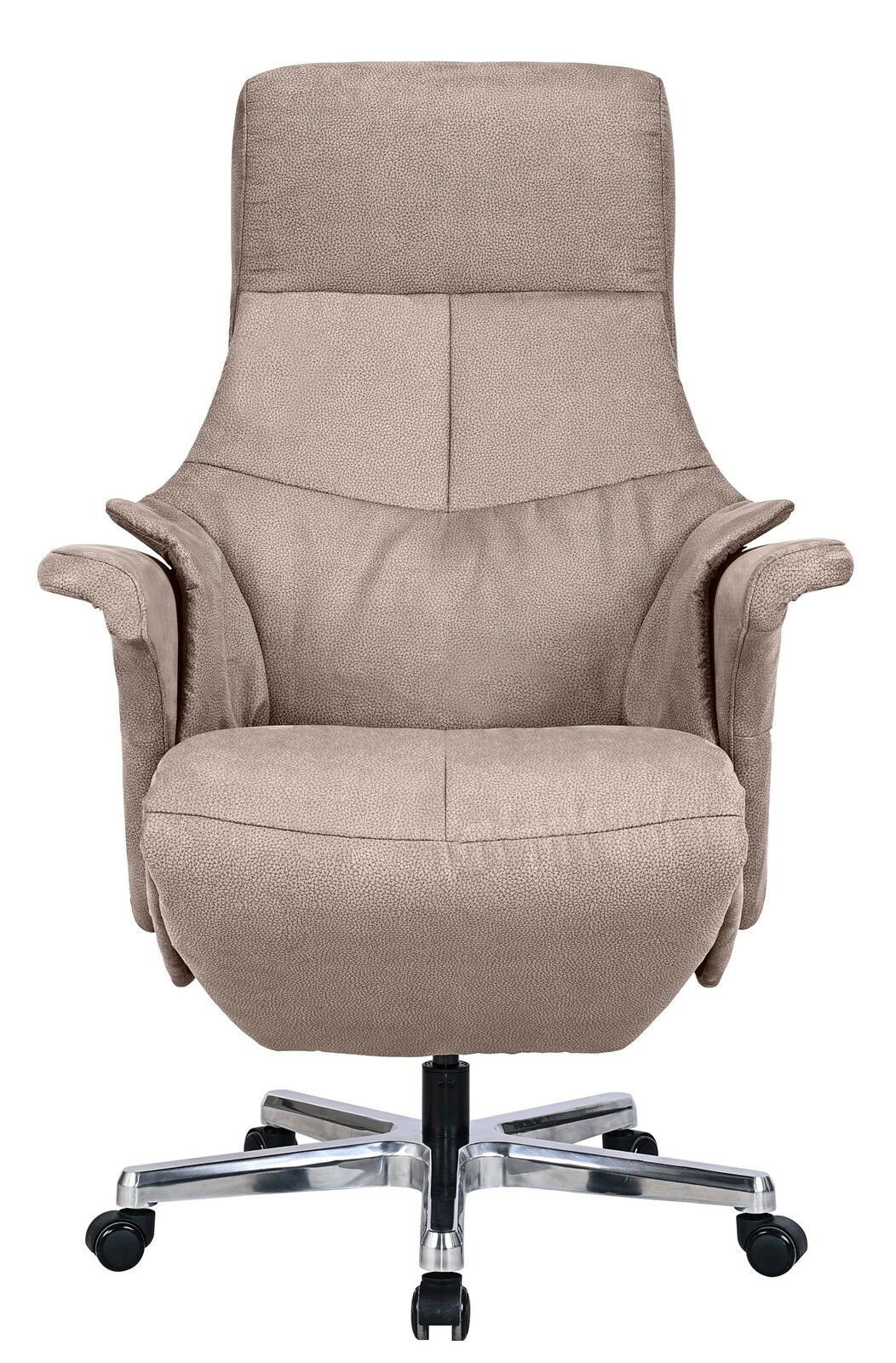 Beiger Chefsessel Reccliner aus der Frontalperspektive mit gepolsterten Armlehnen und verchromtem Fußkreuz auf Rollen.