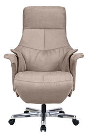Beiger Chefsessel Reccliner aus der Frontalperspektive mit gepolsterten Armlehnen und verchromtem Fußkreuz auf Rollen.