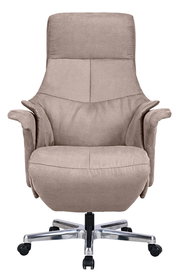 Beiger Chefsessel Reccliner aus der Frontalperspektive mit gepolsterten Armlehnen und verchromtem Fußkreuz auf Rollen.