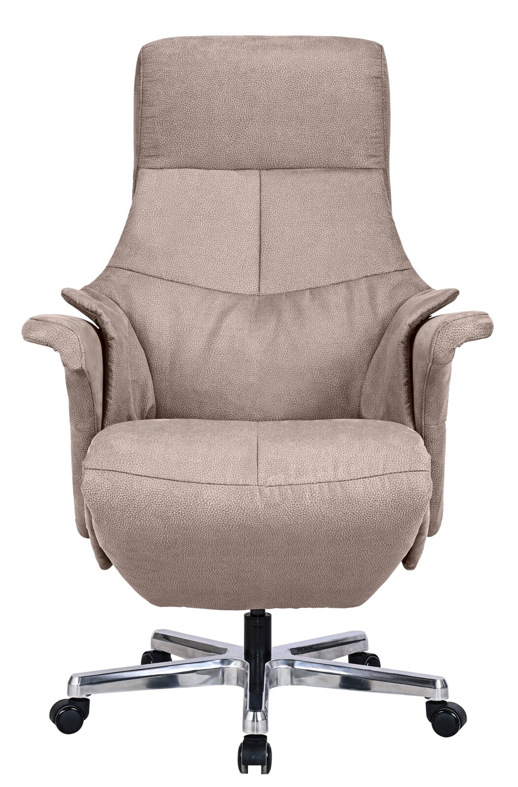 Beiger Chefsessel Reccliner aus der Frontalperspektive mit gepolsterten Armlehnen und verchromtem Fußkreuz auf Rollen.