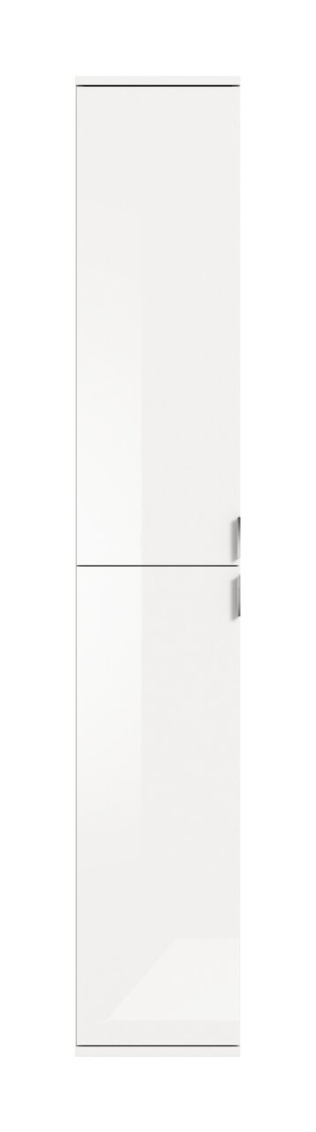 Weißer Hochschrank mit zwei Türen und silbernen Griffen, Frontalansicht
