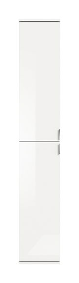 Weißer Hochschrank mit zwei Türen und silbernen Griffen, Frontalansicht