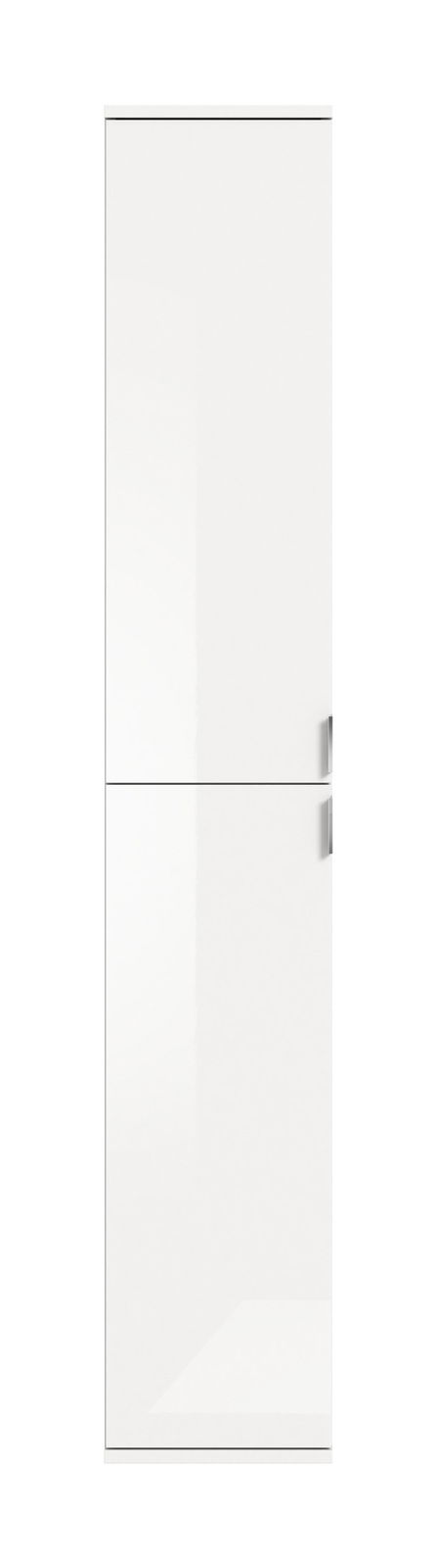 Weißer Hochschrank mit zwei Türen und silbernen Griffen, Frontalansicht