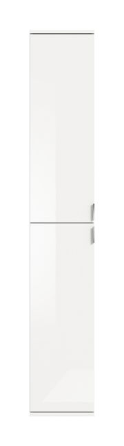 Weißer Hochschrank mit zwei Türen und silbernen Griffen, Frontalansicht