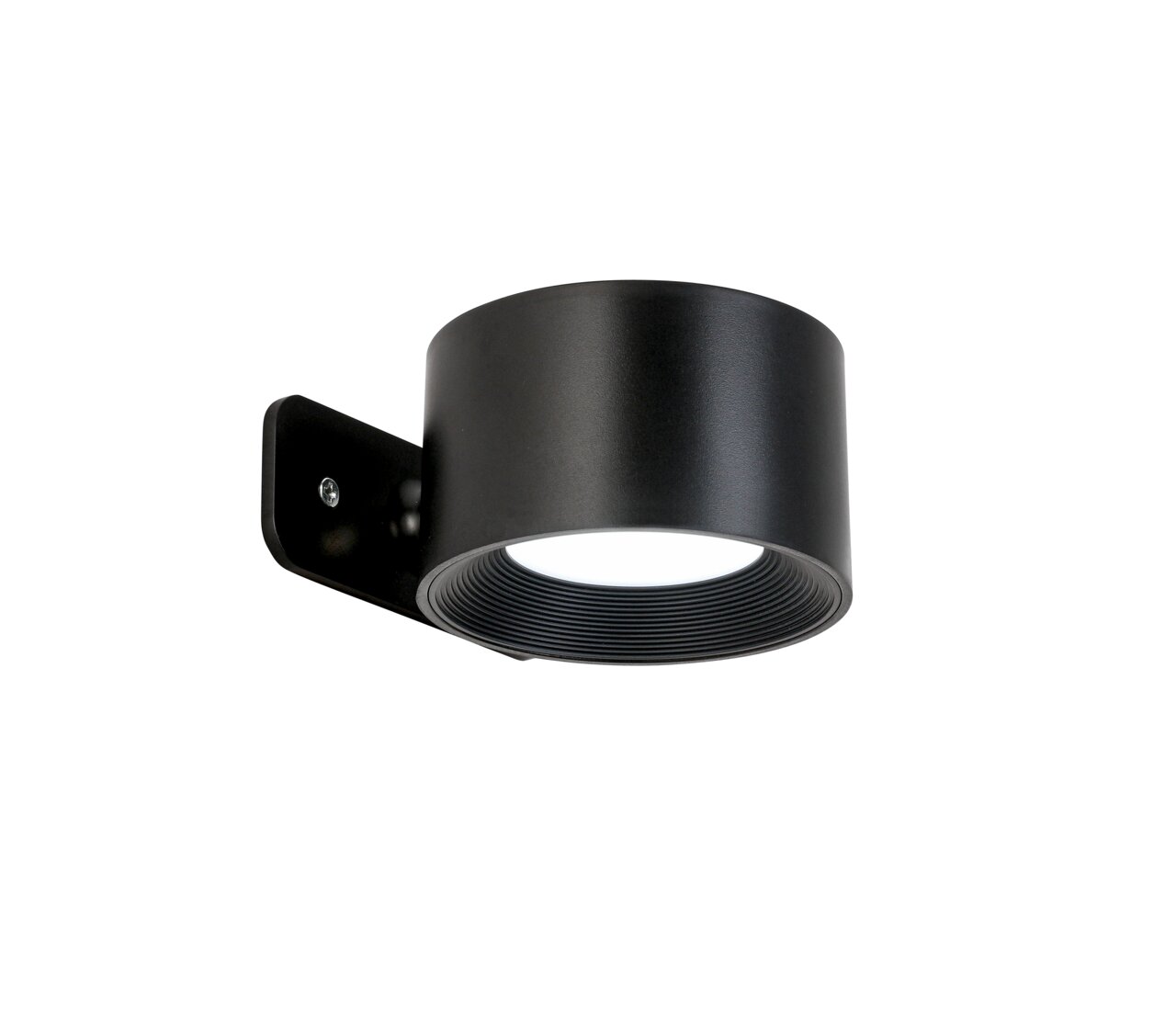 Schwarze, zylindrische Akku-Wandleuchte aus seitlicher Perspektive