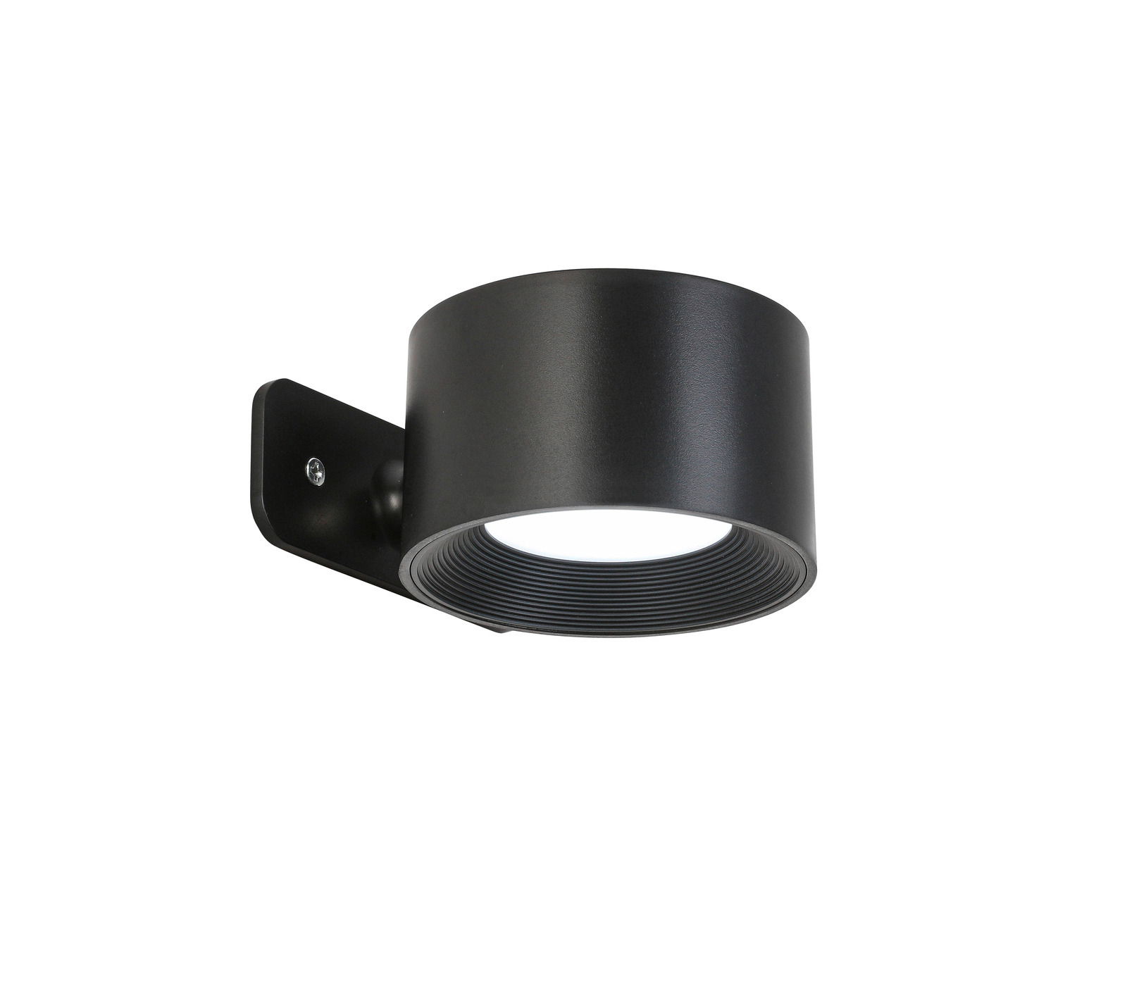 Schwarze, zylindrische Akku-Wandleuchte aus seitlicher Perspektive