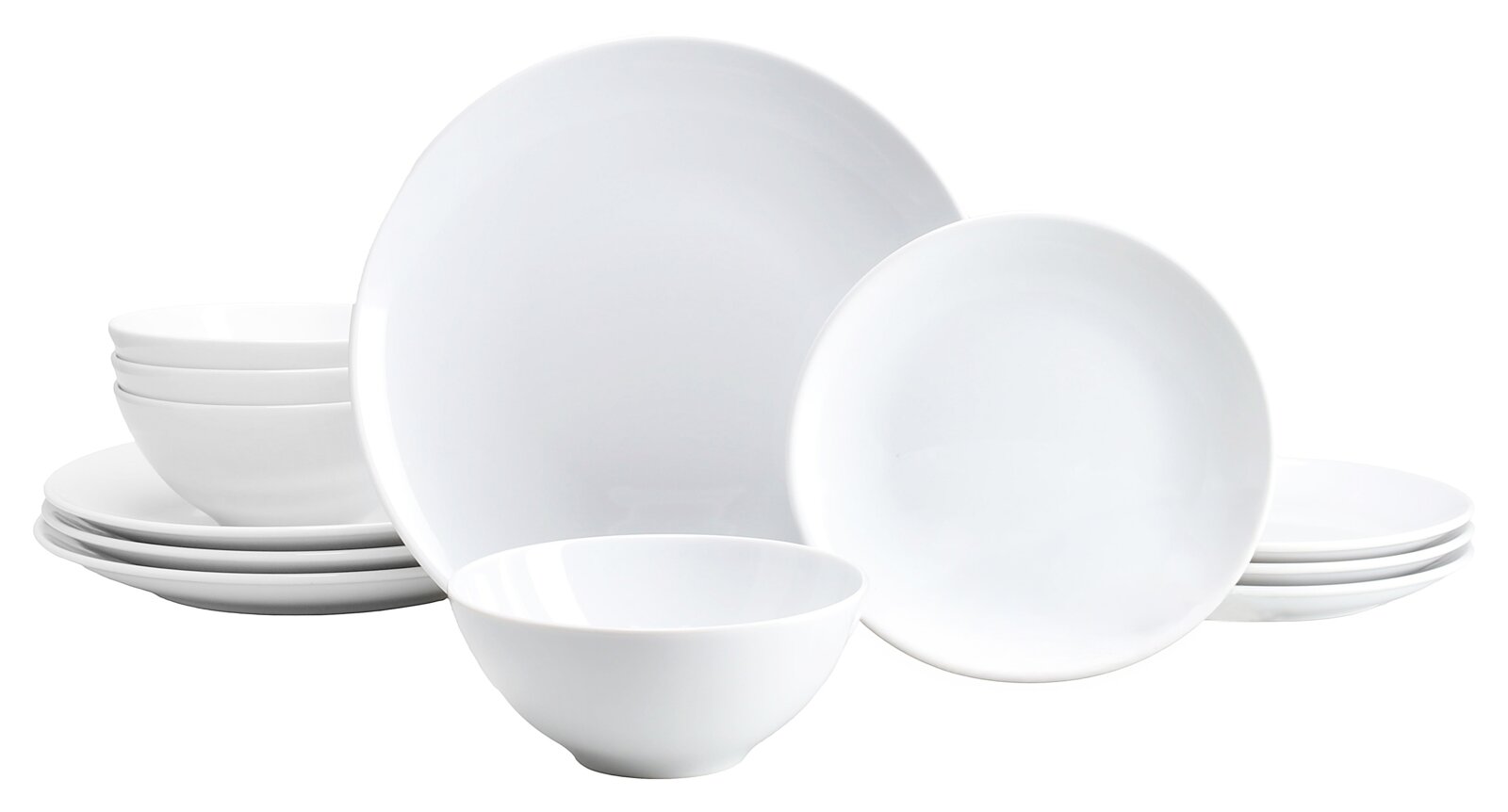 creaTable Tellerset 12-tlg BISTROT Weißes, minimalistisches Geschirrset aus Tellern und Schalen vor weißem Hintergrund, frontal in leichter Seitenansicht aufgenommen