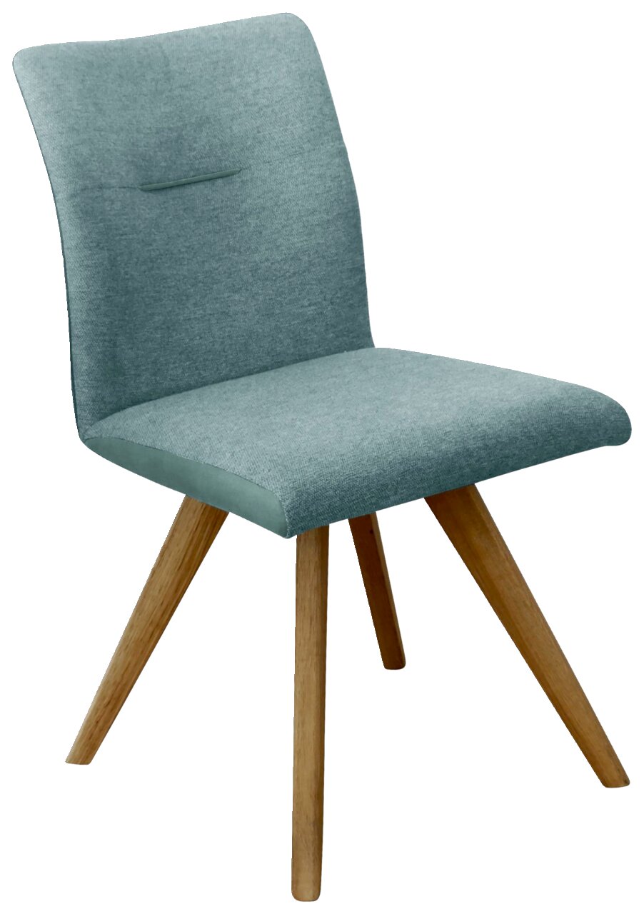 Moderne stoel met lichtblauwe stoffen bekleding en houten poten, zijaanzicht
