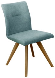 Moderne stoel met lichtblauwe stoffen bekleding en houten poten, zijaanzicht