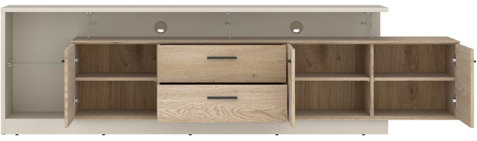 Houten tv-lowboard met twee lades en open deuren, vooraanzicht