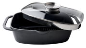 Vierkante braadpan van gegoten aluminium met glazen deksel, zijaanzicht