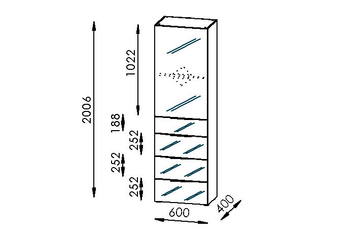 Stauraumschrank mit Schüben, 45 cm breit, perspektivische Ansicht von vorne, mit vier Schubladen und einem oberen Fach.