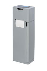 Silberne 6-in-1 Stand WC-Garnitur Imon mit integriertem Toilettenpapierhalter, aus seitlicher Perspektive fotografiert.