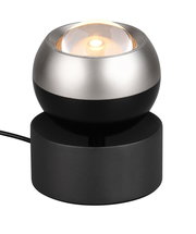 Moderne Tischleuchte mit kugelförmigem Design, silbernem und schwarzem Finish, aus seitlicher Perspektive fotografiert.