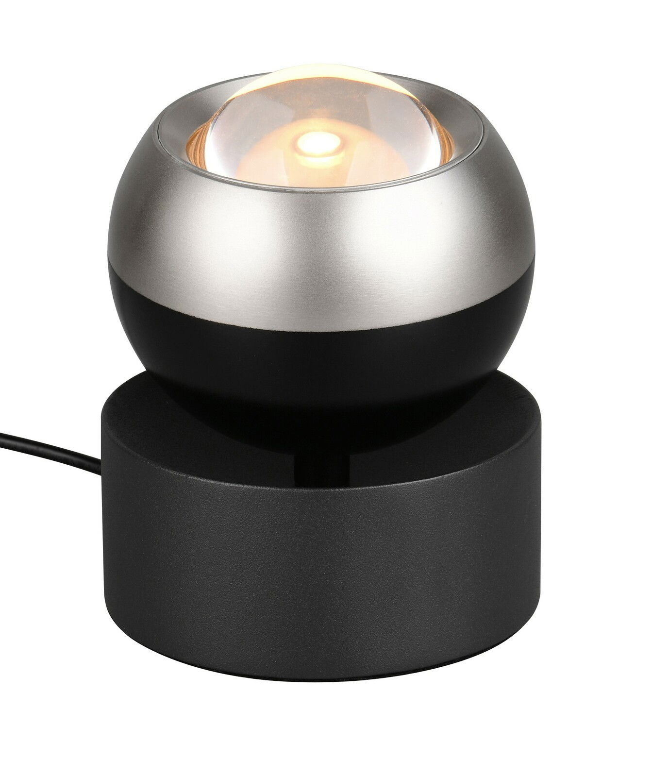 Moderne Tischleuchte mit kugelförmigem Design, silbernem und schwarzem Finish, aus seitlicher Perspektive fotografiert.