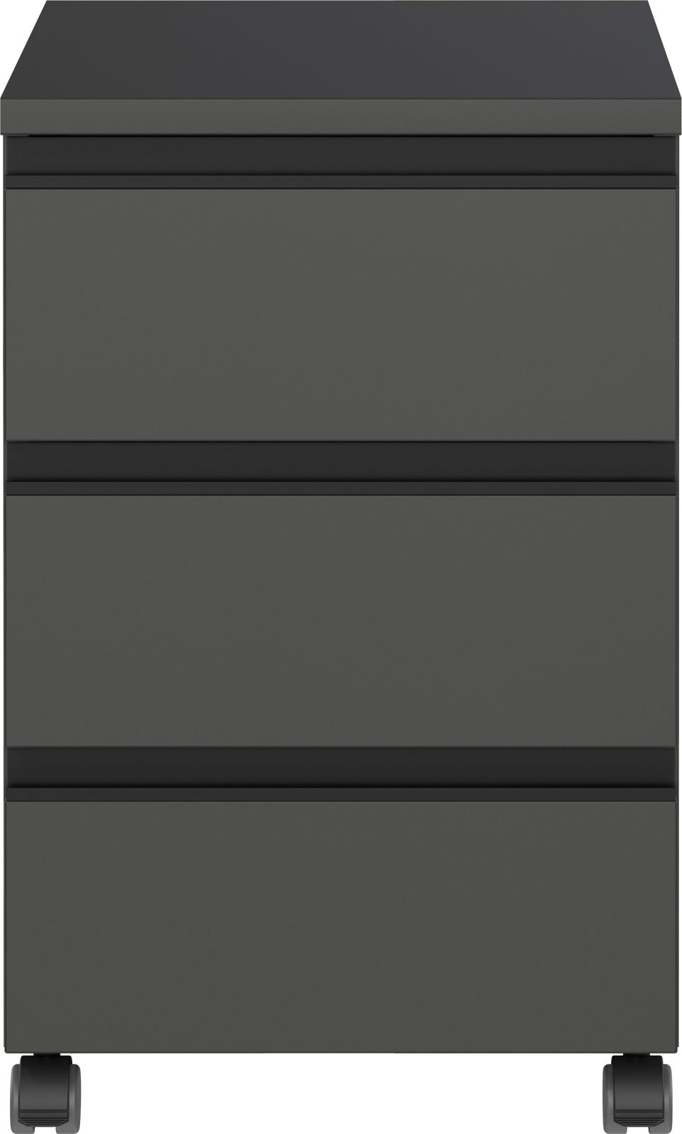 Frontansicht eines grauen Rollcontainers mit drei Schubladen und Rollen.