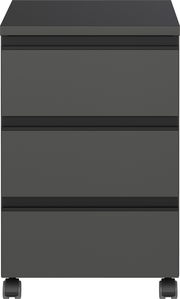 Frontansicht eines grauen Rollcontainers mit drei Schubladen und Rollen.