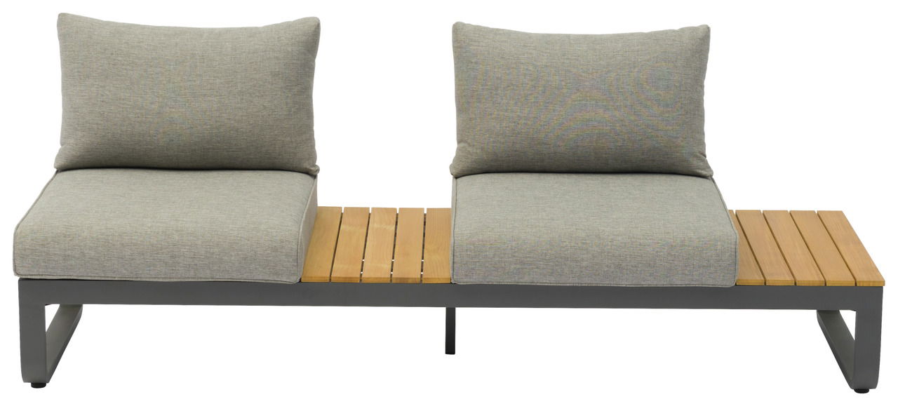 Frontale Ansicht einer modernen Loungeliege mit zwei grauen Sitzkissen und einem Holzeinleger in der Mitte.