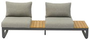 Frontale Ansicht einer modernen Loungeliege mit zwei grauen Sitzkissen und einem Holzeinleger in der Mitte.