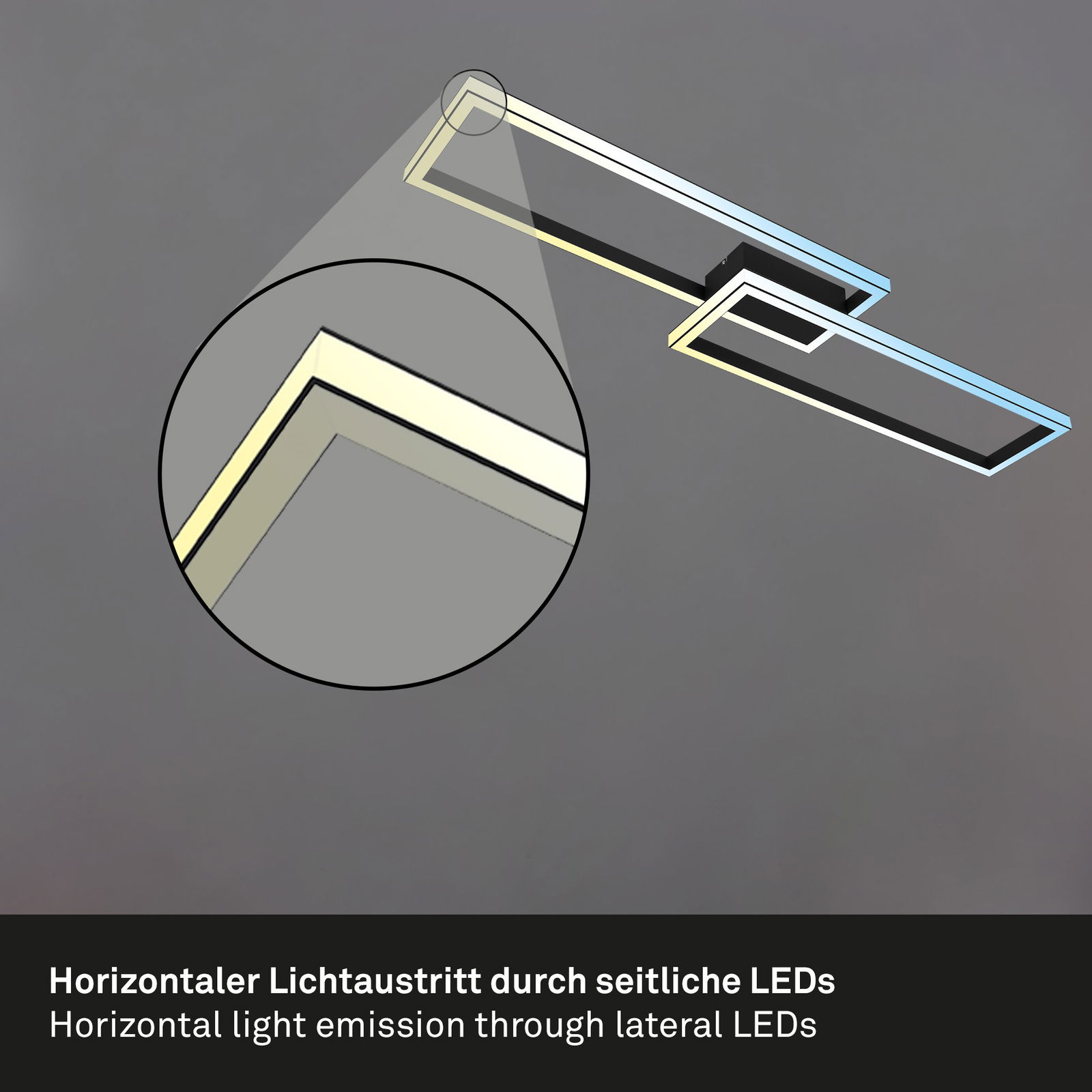 Moderne LED Deckenleuchte in Schwarz mit horizontalem Lichtaustritt durch seitliche LEDs, seitliche Perspektive