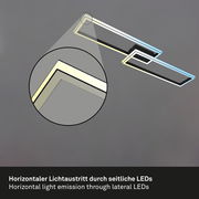 Moderne LED Deckenleuchte in Schwarz mit horizontalem Lichtaustritt durch seitliche LEDs, seitliche Perspektive