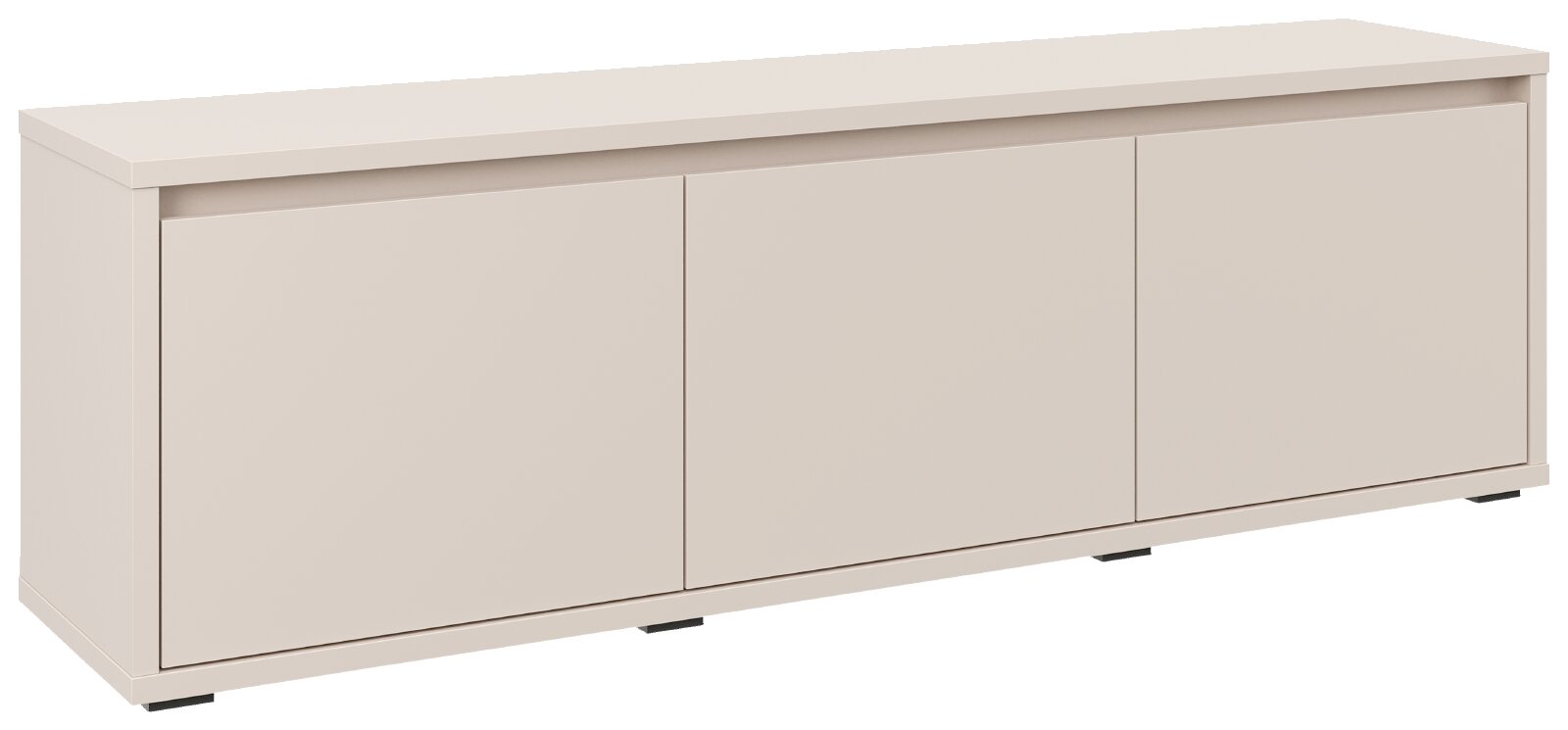 Moderne lage kast in licht beige met drie greeploze deuren, schuin van voren en iets van boven weergegeven