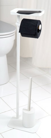 WC-combinatieset Alban in wit met zwarte toiletrolhouder en opbergplank, zijaanzicht.