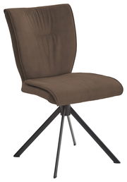 Moderner brauner Stuhl mit schwarzem Metallgestell, seitliche Perspektive