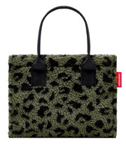 Grüne Shopper-Tasche mit schwarzem Leopardenmuster und schwarzen Griffen, Vorderansicht