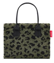 Grüne Shopper-Tasche mit schwarzem Leopardenmuster und schwarzen Griffen, Vorderansicht