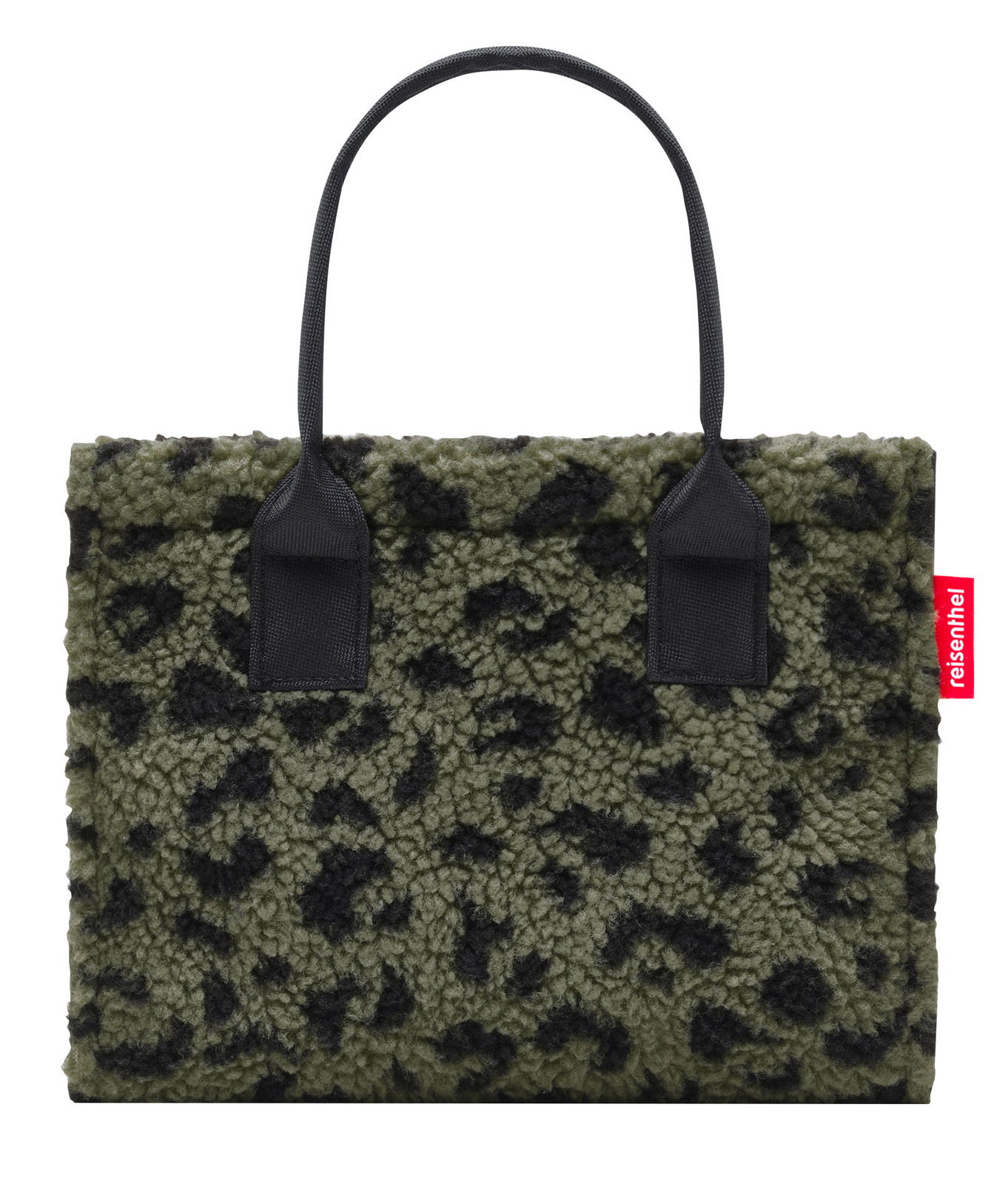 Grüne Shopper-Tasche mit schwarzem Leopardenmuster und schwarzen Griffen, Vorderansicht