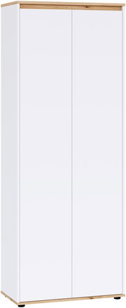 Weißer zweitüriger Kleiderschrank mit Holzdeckplatte und Holzsockel, frontale Ansicht mit leichter Seitenperspektive