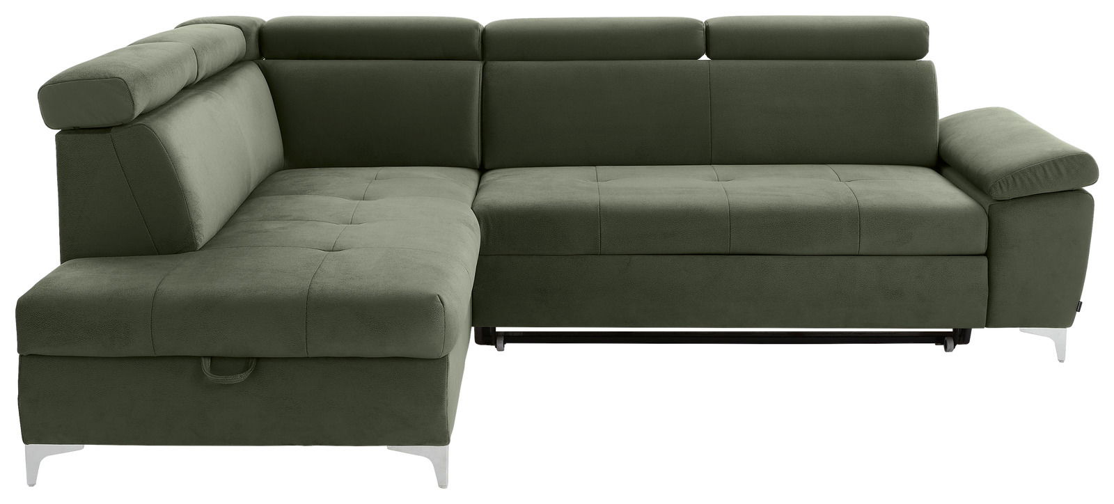 Grünes Ecksofa mit verstellbaren Kopfstützen, Ansicht von vorne
