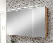 Spiegelschrank mit drei Türen, Holzseiten und integrierter Beleuchtung, seitliche Perspektive