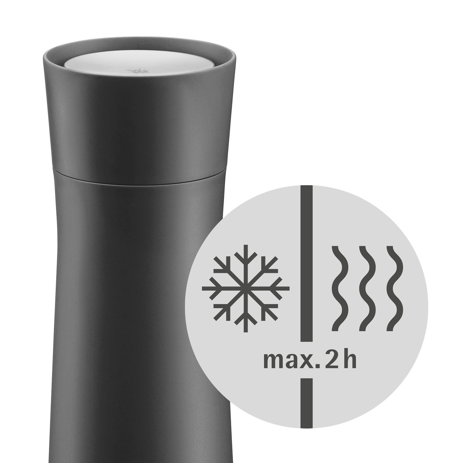 Schwarzer Impulse Isolierbecher 0,35l, seitliche Ansicht, hält Getränke bis zu 2 Stunden warm oder kalt.