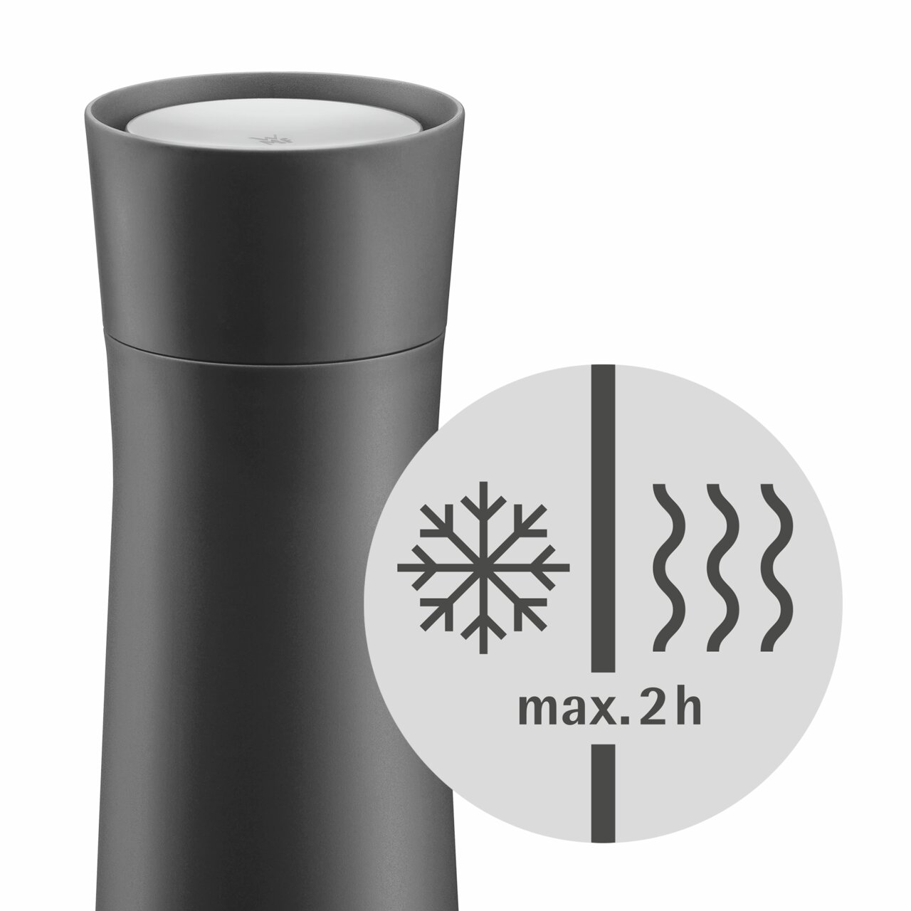 Schwarzer Impulse Isolierbecher 0,35l, seitliche Ansicht, hält Getränke bis zu 2 Stunden warm oder kalt.