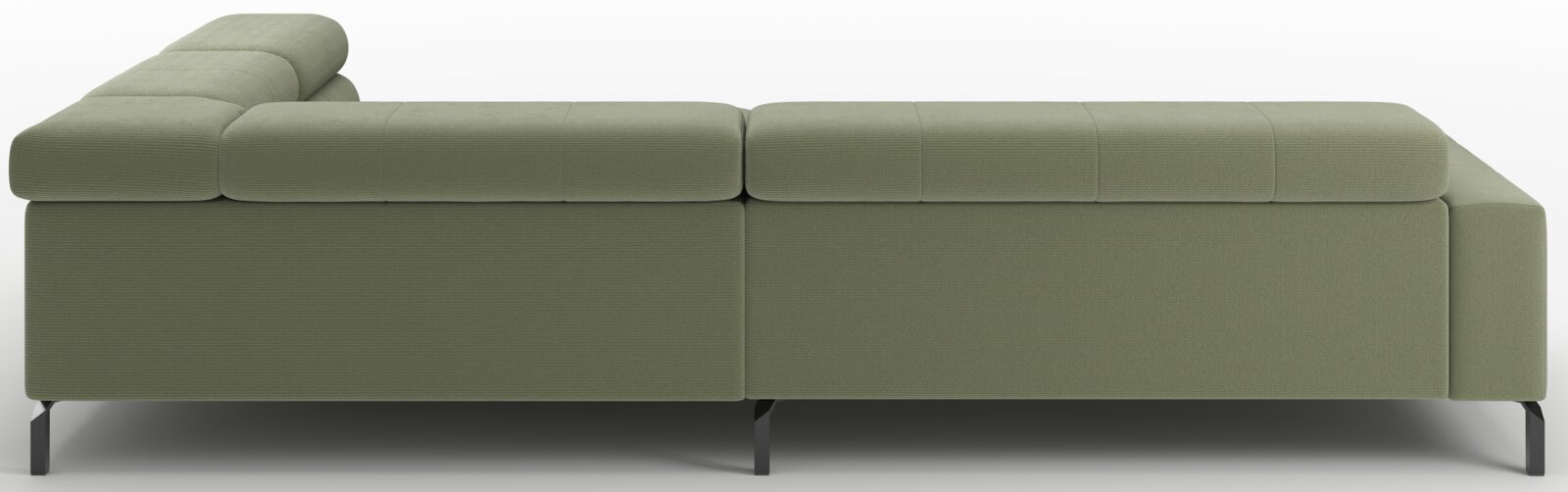 Groene gestoffeerde modulaire hoekbank met chaise longue en verstelbare hoofdsteun, zijaanzicht vanaf links op witte achtergrond
