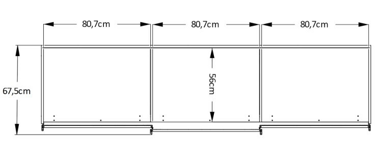 Technische Zeichnung eines Schwebetürenschranks mit drei gleich großen Segmenten, Frontansicht, Maße: 67,5 cm Höhe und 80,7 cm Breite pro Segment.