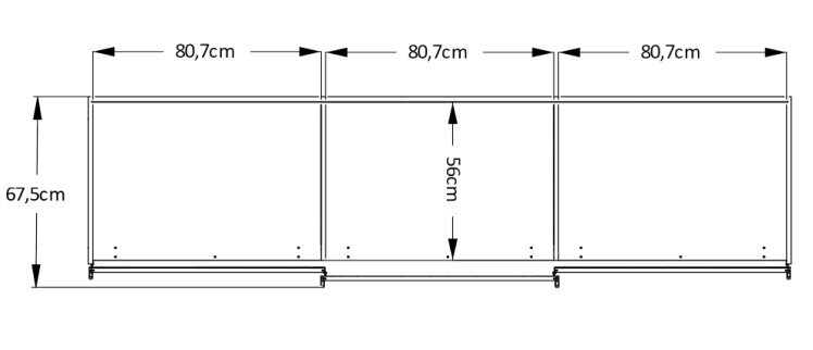 Technische Zeichnung eines Schwebetürenschranks mit drei gleich großen Segmenten, Frontansicht, Maße: 67,5 cm Höhe und 80,7 cm Breite pro Segment.