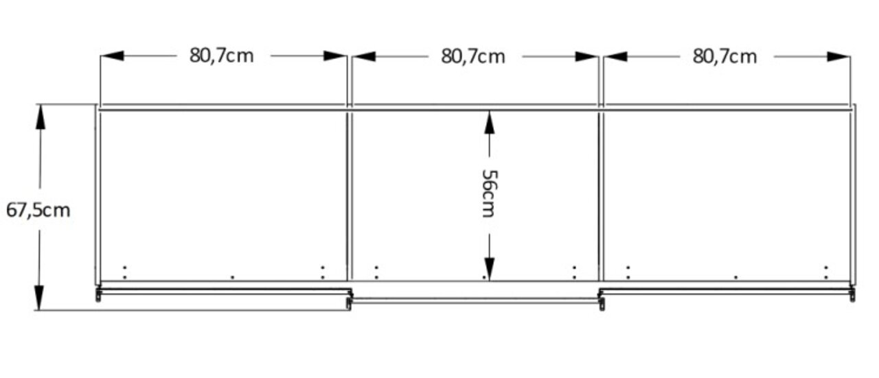 Technische Zeichnung eines Schwebetürenschranks mit drei gleich großen Segmenten, Frontansicht, Maße: 67,5 cm Höhe und 80,7 cm Breite pro Segment.