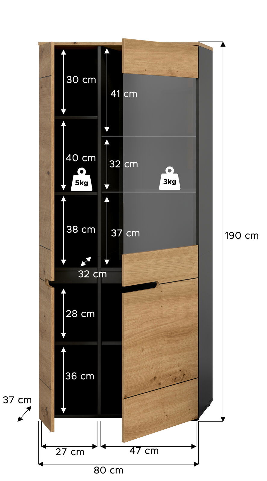 Geöffneter Hochschrank in Holzoptik und Anthrazit mit Glas-/Spiegeltür, Innenfächern und Maßangaben (Höhe 190 cm, Breite 80 cm, Tiefe 37 cm), Ansicht schräg von vorn