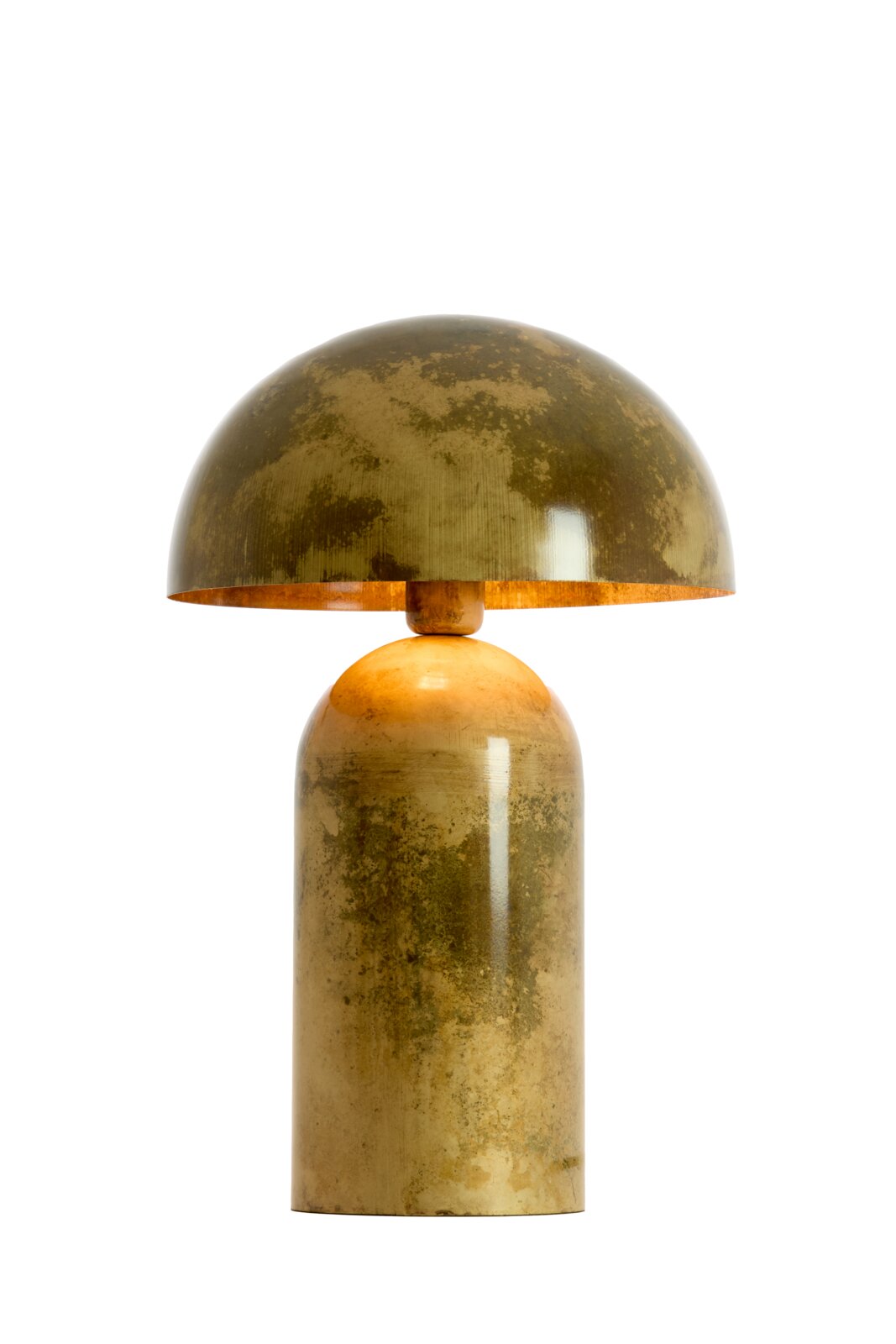 Vintage goudkleurige tafellamp met cilindervormige voet en koepelvormige kap, recht van voren gezien