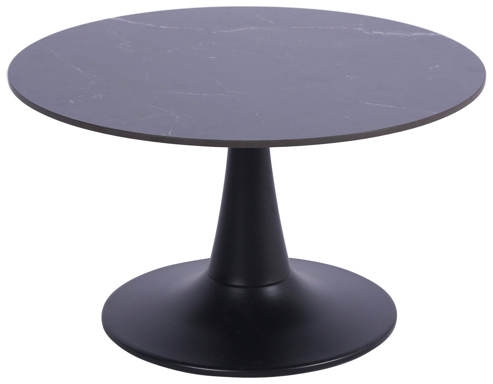 Runder Couchtisch mit schwarzer Marmoroptik-Oberfläche und konischem Fuß, seitliche Perspektive